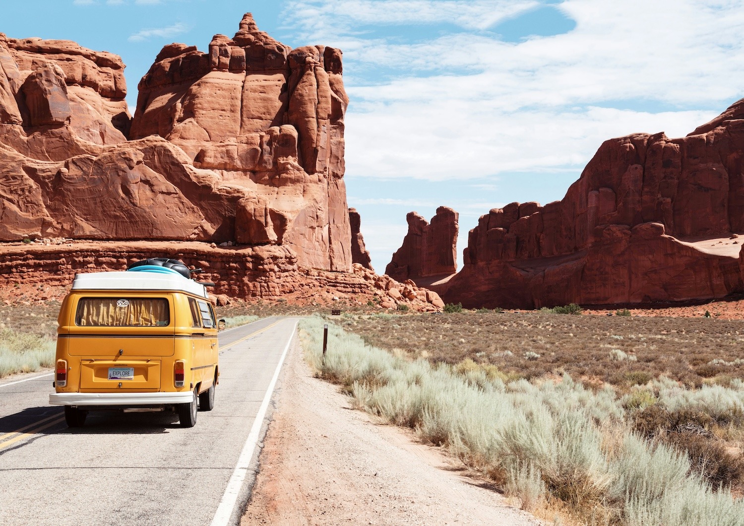 Driving VW bus on road trip